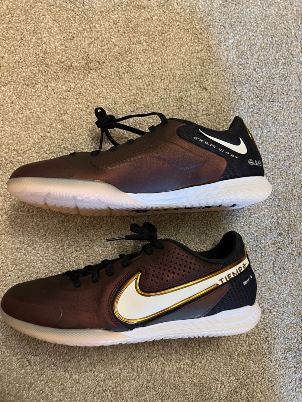 Nike Tiempo Men’s Brown and White Training Sneakers with Gold Accent